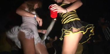 Three amateur hotties at Halloween party